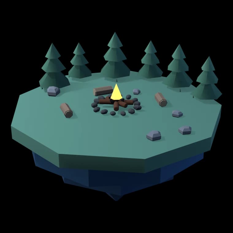 The Clearing, the first space in EMBRACE: a floating island with pines, boulders and a lit campfire.